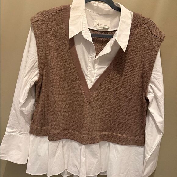 Anthropologie Beige Knit Vest with Cream Shirt - Picture 1 of 2